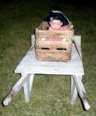 Charlie in a box on a wheelbarrow