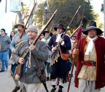 The buccaneer riflemen marching through the streets of St. Augustine